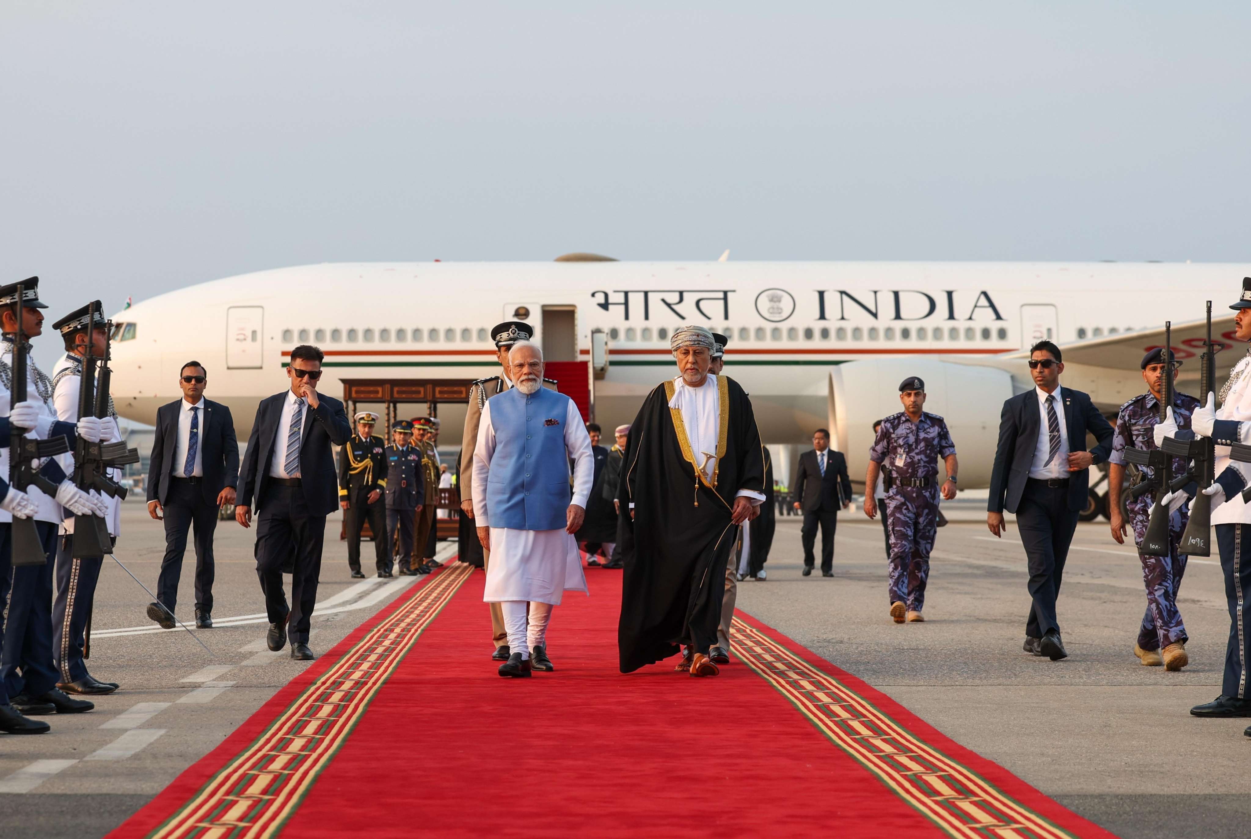 Prime Minister Shri Narendra Modi received by H.H. Sayyid Shihab bin Tarik Al Said, Deputy Prime Minister for Defence Affairs of Oman and accorded a ceremonial welcome upon his arrival in Muscat, Oman